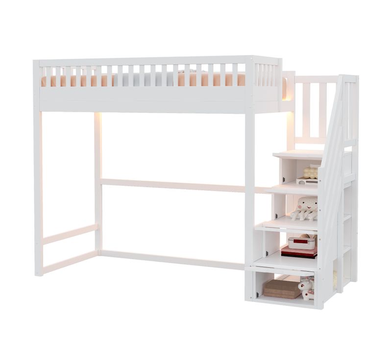 Lit Mezzanine 90x200 Cm Avec échelle Sécurité LED Et étagères De Rangement, Blanc
