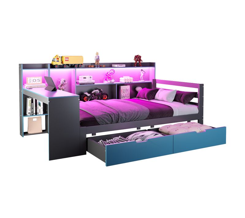 Lit Combiné Enfant 90x200 Cm Avec Bureau, Rangement, LED, Tiroirs, Bleu