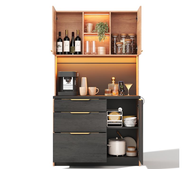 Buffet De Cuisine Avec LED, 3 Portes Et 3 Tiroirs, Bois