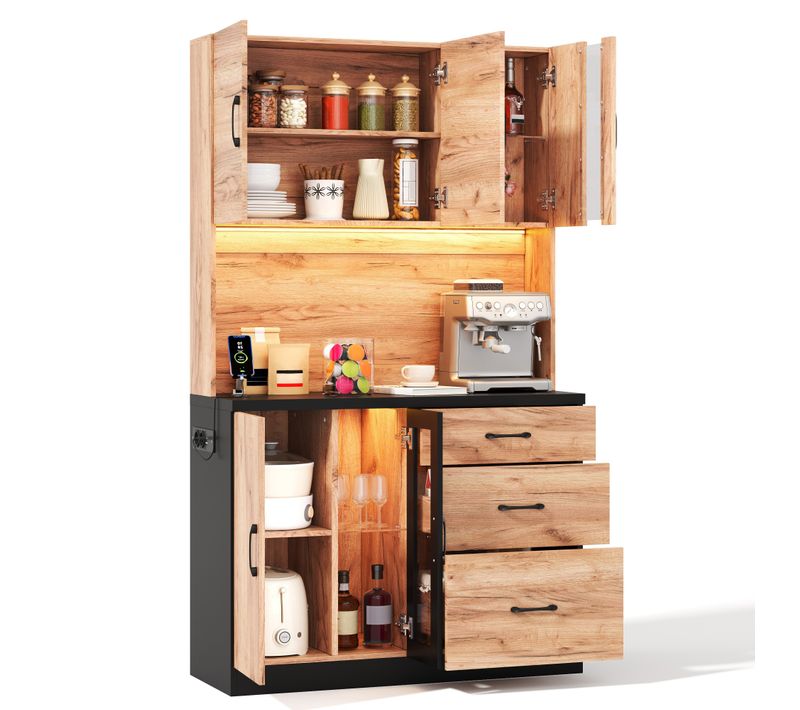 Buffet De Cuisine Avec LED, 5 Portes Et 3 Tiroirs, Bois
