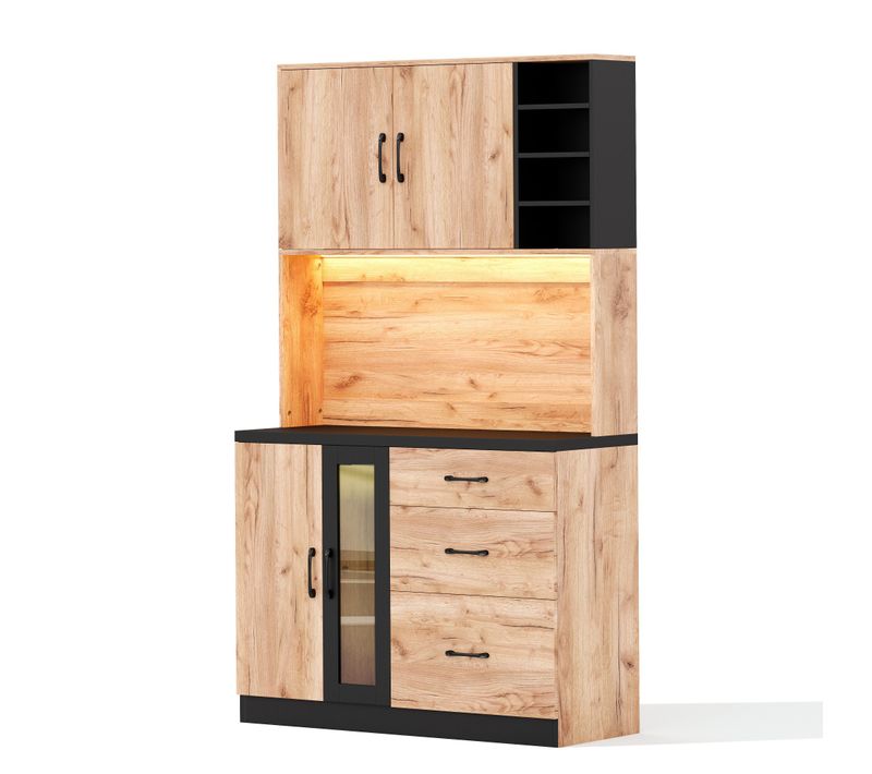 Buffet De Cuisine Avec LED, 3 Tiroirs Et 4 Portes, Bois
