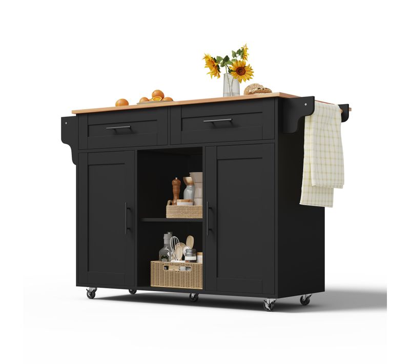 Ilot Central Cuisine Comptoir Avec 2 Portes Et 1 Tiroir, Noir
