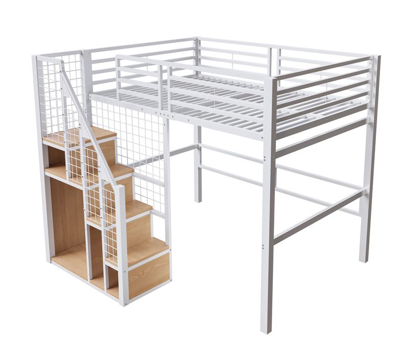 Lit Mezzanine 140x200 Cm Avec Étagères De Rangement, Blanc