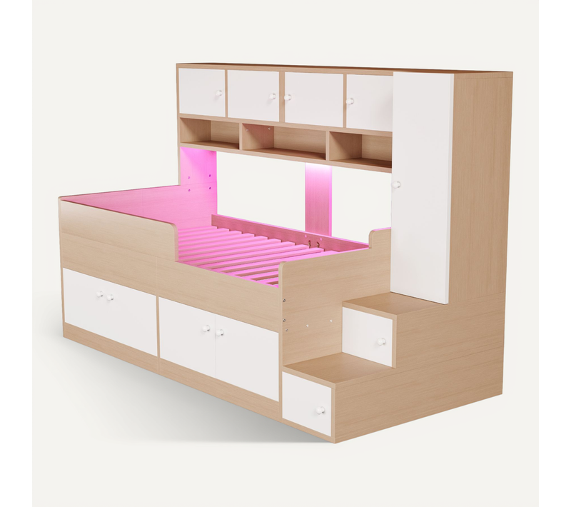 Lit Combiné 90x200 Cm Avec Rangement Armoire Étagères LED Et Échelle Sécurité, Bois