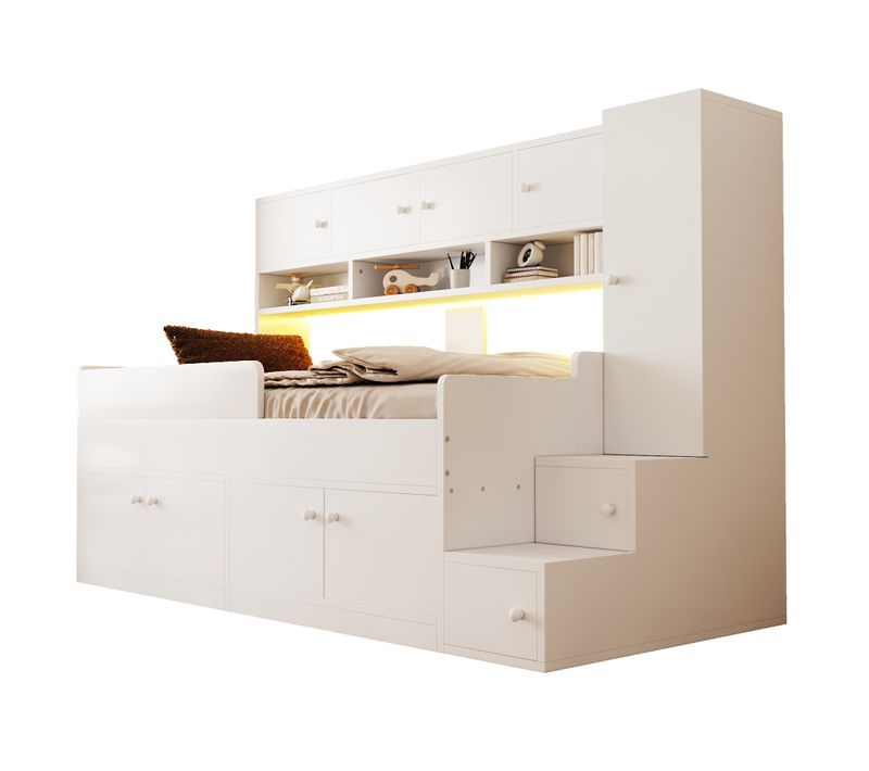 Lit Combiné 90x200 Cm Avec Rangement Armoire Étagères LED Et Échelle Sécurité, Blanc
