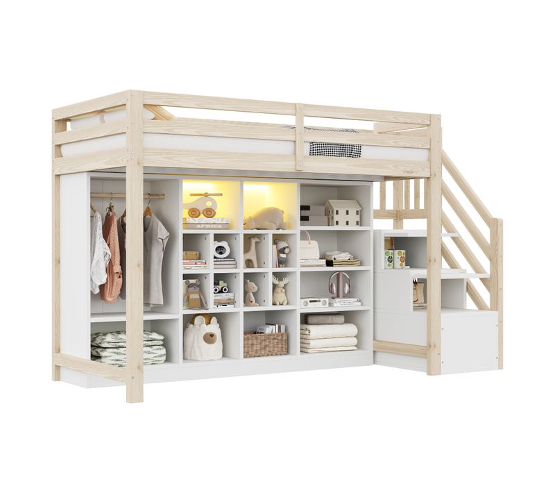 Lit Mezzanine 90x200 Cm Avec Étagères De Rangement, LED Et Échelle Avec Rangement, Bois