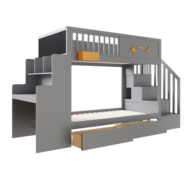 Lit Superposé 90x200 Cm Avec Escalier Sécurisé, Rangement, Bureau Et Tiroirs, Gris