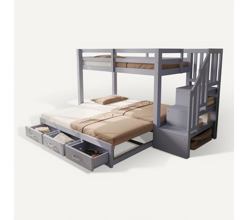 Lit Superposé 90x200 Cm Avec Lit Extensible 90/180x190 Cm, Échelle De Rangement Avec Tiroirs, Gris