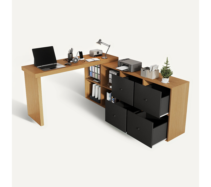 Bureau Angle Est Doté D'un Plateau Pivotant à 360°, 4 Tiroirs Et 4 Niches Bois + Noir