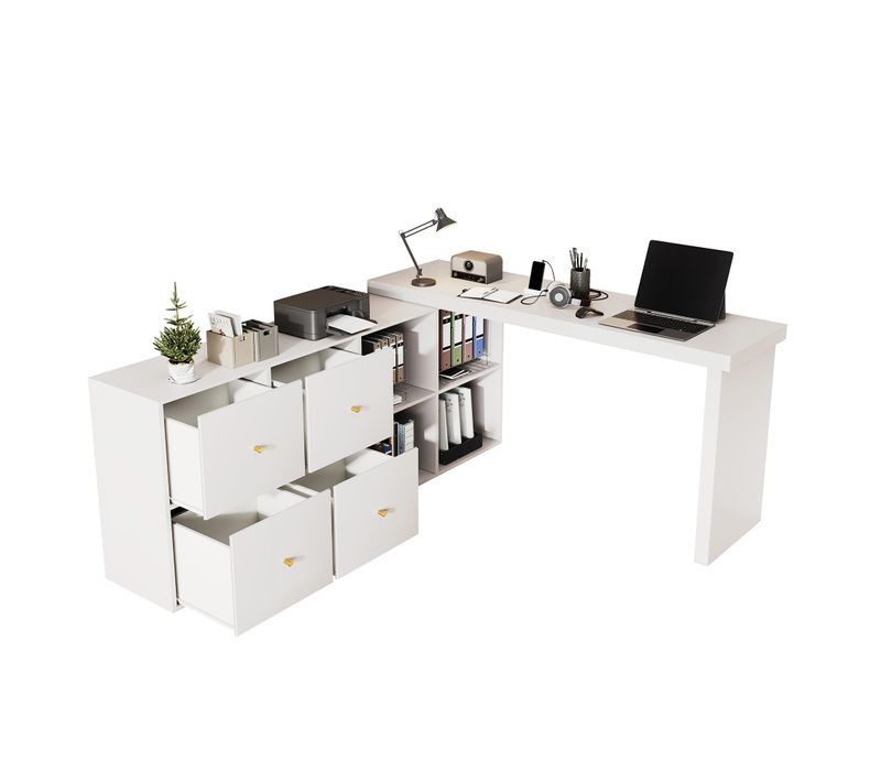Bureau Angle Est Doté D'un Plateau Pivotant À 360°, 4 Tiroirs Et 4 Niches Blanc