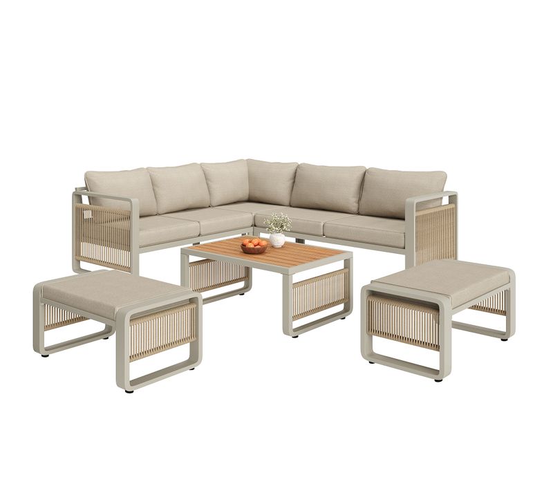 Salon De Jardin 7 Places Avec 2 Canapés, 2 Tabourets Et 1 Table Basse Beige