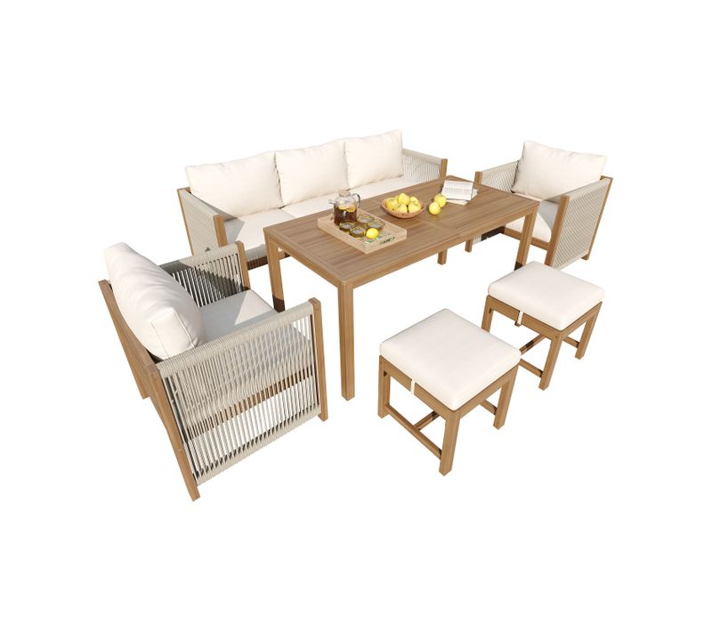 Salon De Jardin 7 Places Avec 1 Canapé, 2 Fauteuils, 2 Tabourets Et 1 Table Beige + Bois