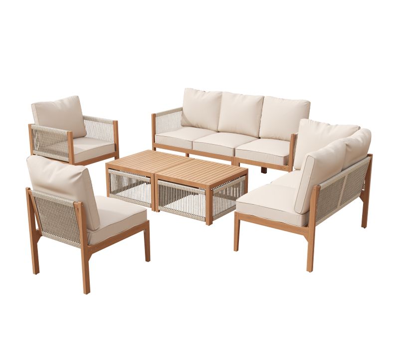Salon De Jardin 7 Places Avec 2 Canapés, 2 Fauteuils, 1 Fauteuil D’angle, 2 Table Basses Beige