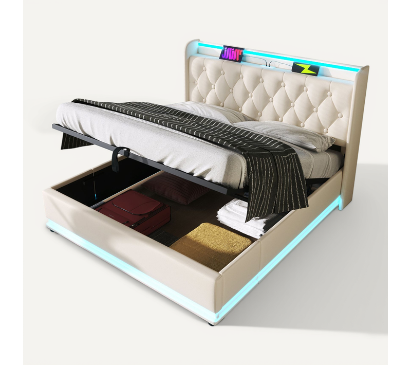 Lit Double 140x190 Cm Avec LED, USB Type-c, Tête De Lit Avec Rangement, Blanc