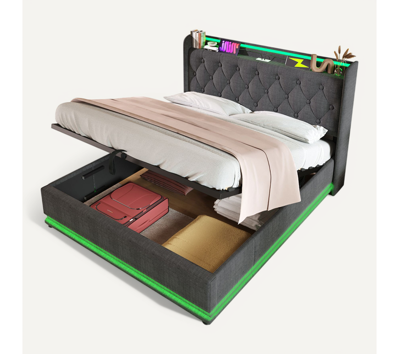 Lit Double 140x190 Cm Avec LED, USB Type-c, Tête De Lit Avec Rangement, Gris