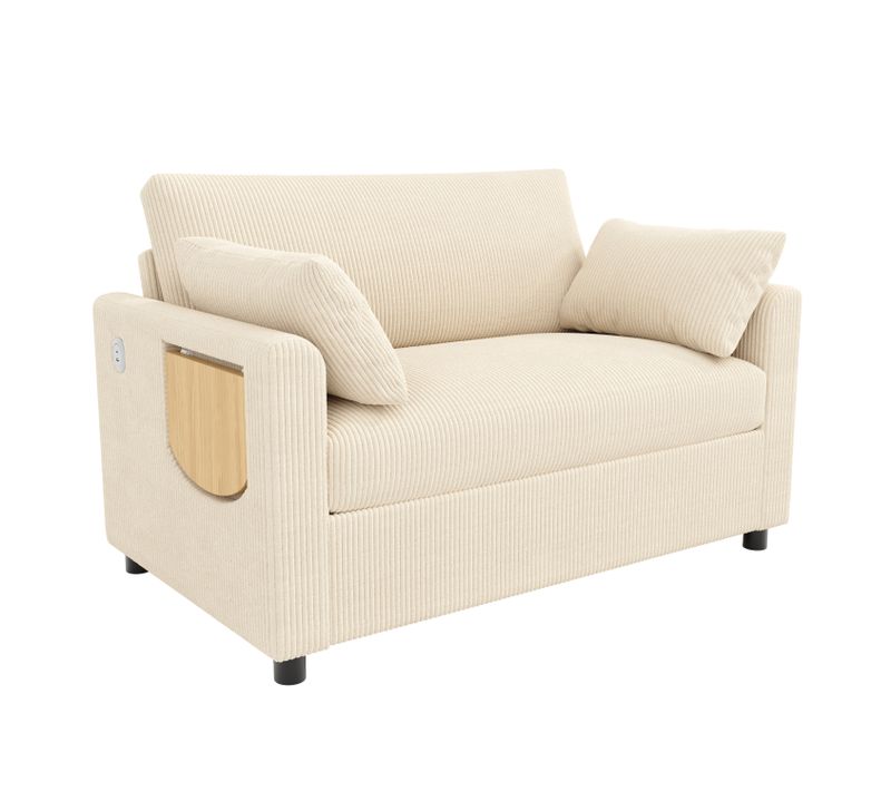 Canapé Convertible 2 Places Avec USB Et Table Pliante, Cord, Beige