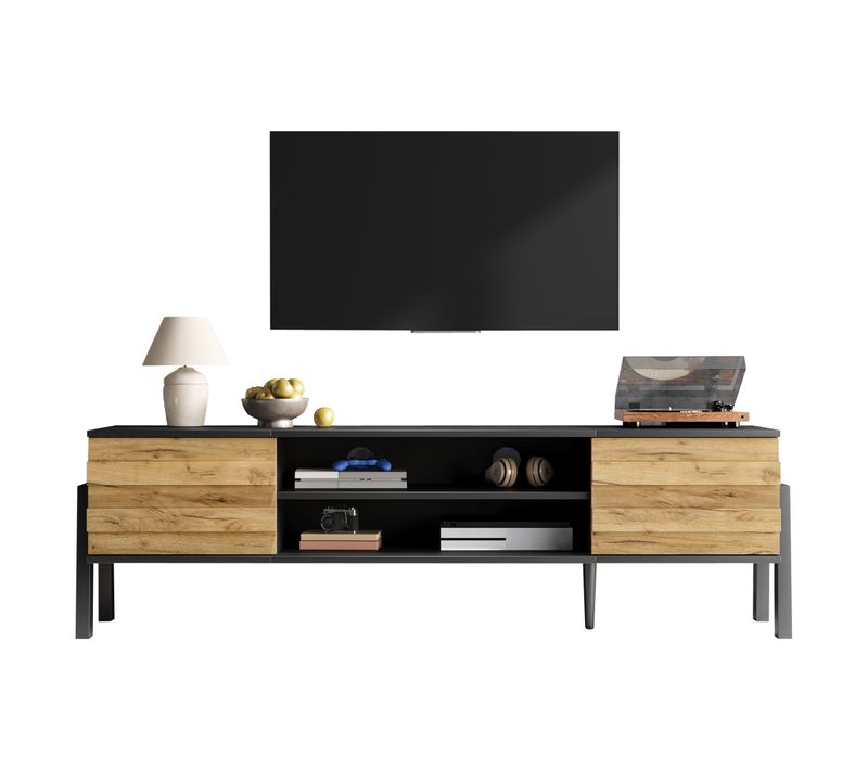 Meuble TV L.175cm Avec 2 Portes Et 2 Niches Noir + Bois