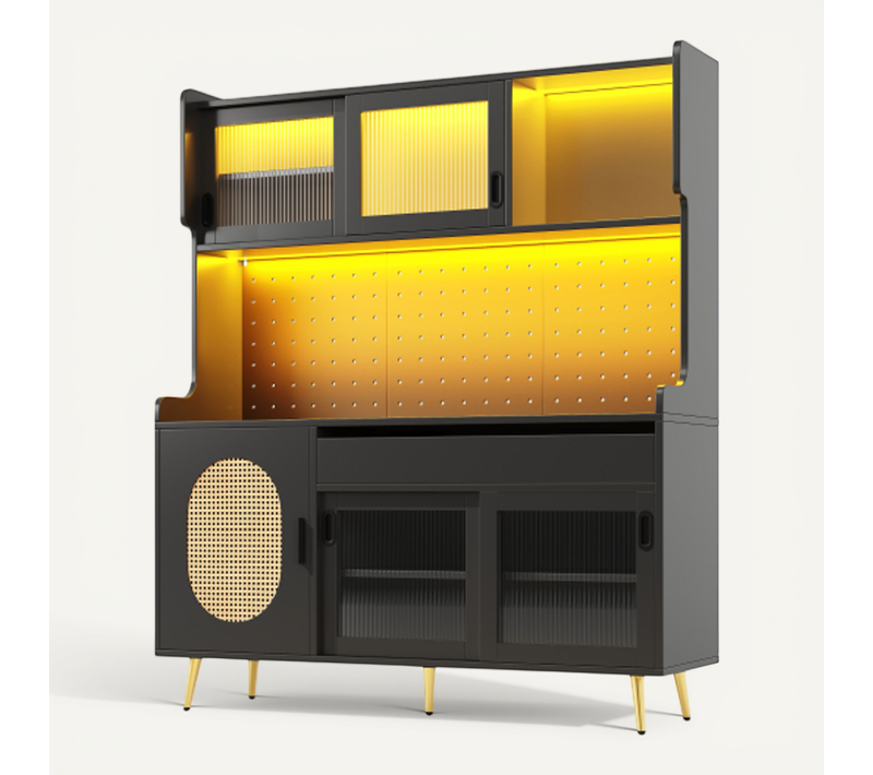 Buffet De Cuisine-meuble De Cuisine-avec Bande Lumineuse LED-en Verre Cannelé-noir