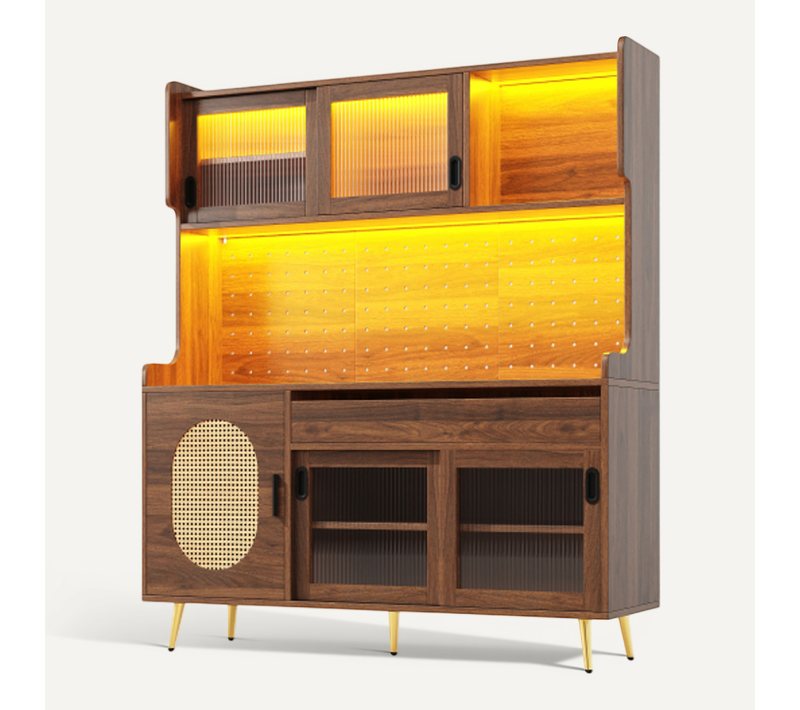 Buffet De Cuisine-meuble De Cuisine-avec Bande Lumineuse LED-en Verre Cannelé-brun