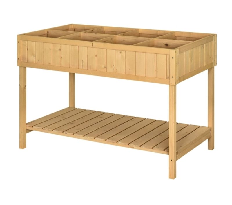 Table De Plantation Surélevée, Bac à Fleurs-8 Compartiments Avec Drainage-en Bois Massif-naturel