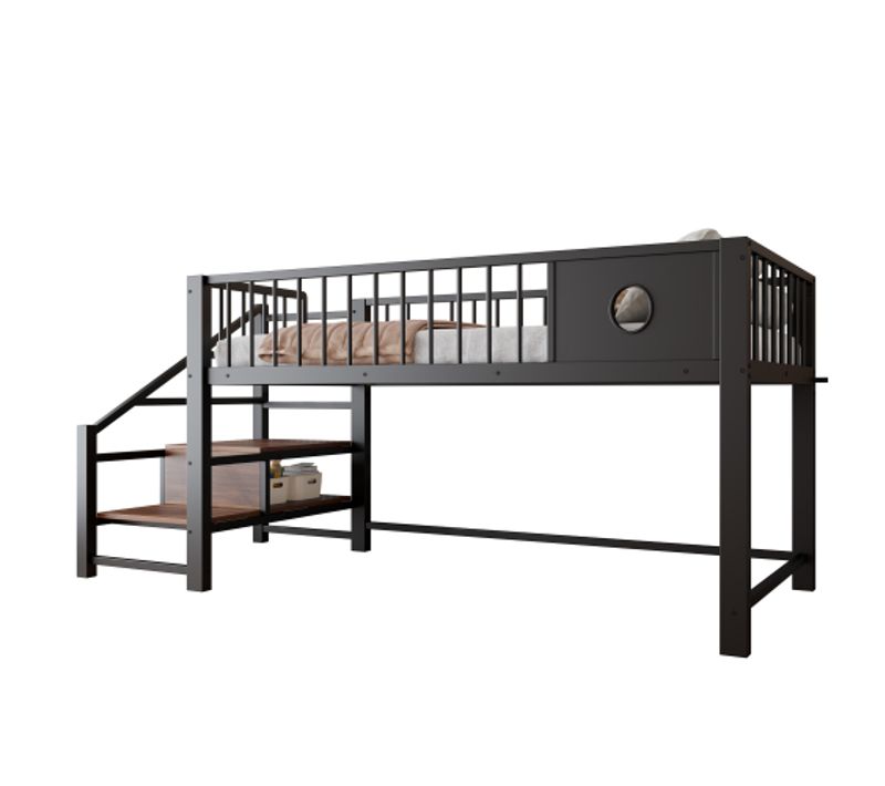 Lit 90x200 Cm-lit Enfant-avec Échelle De Rangement-structure Métal 120 Kg-Noir
