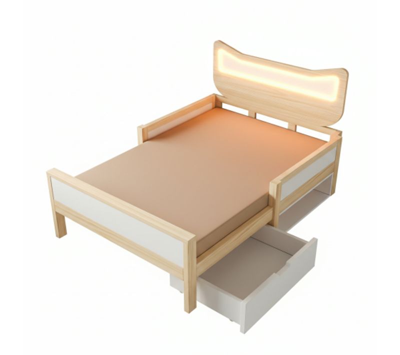 Lit Enfant 90×190cm-led-sommier à Lattes-tiroir Montage Possible à Gauche Ou à Droite)-naturel