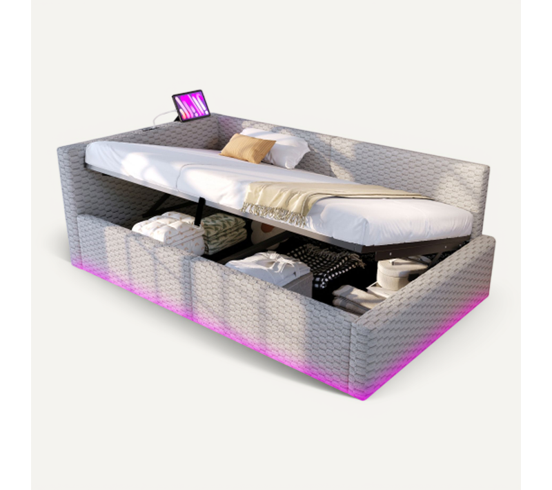 Lit 90 X 200 Cm-led-usb-en Velours-sommier Hydraulique-gris
