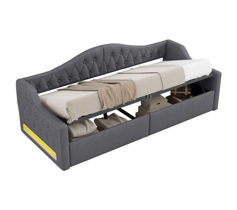 Lit 90x200cm-lit De Jour LED-canapé-lit- Revêtement Lin-gris