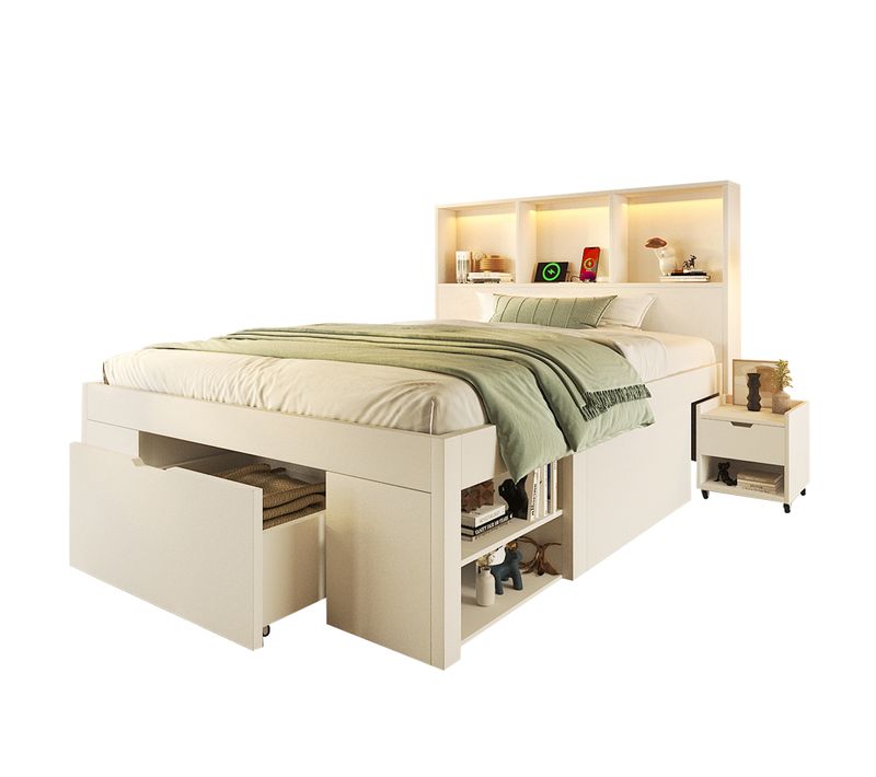 Lit 90x200 Cm Avec LED, USB, 1 Tiroir, 1 Table De Chevet Et Plusieurs Niches Blanc