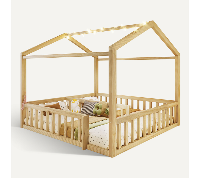 Lit Enfant Cabane  2 X 90 X 190 Cm Avec LED Imitation Chêne