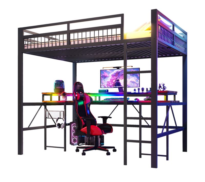 Lit Mezzanine 140 X 200 Cm Avec LED, USB Et Bureau En Métal Noir