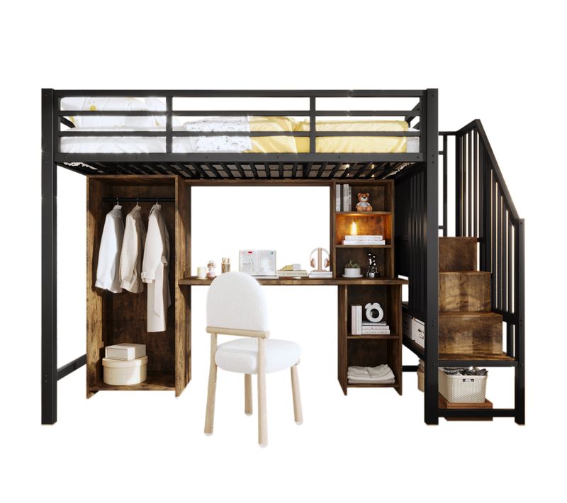 Lit Mezzanine 90 X 200 Cm Avec Bureau, Armoire, Étagères Et Escalier De Rangement En Métal Noir