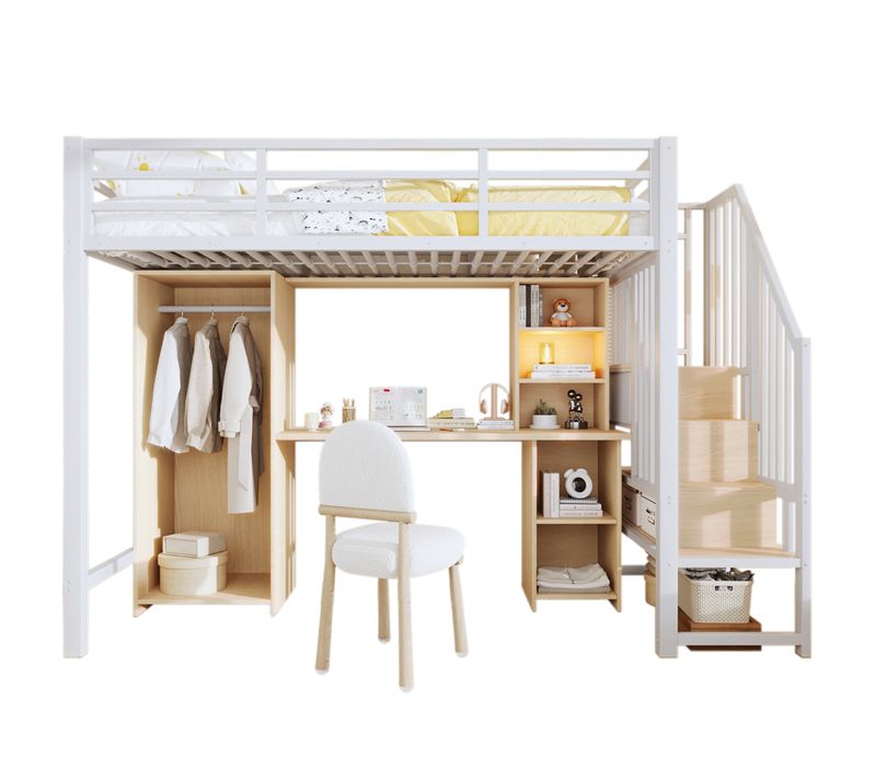 Lit Mezzanine 90 X 200 Cm Avec Bureau, Armoire, Étagères Et Escalier De Rangement En Métal Blanc
