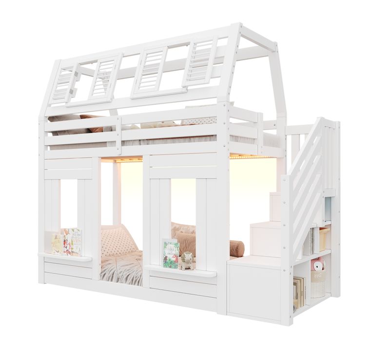 Lit Mezzanine Cabane 90 X 200 Cm Avec LED Et Escalier De Rangement Blanc