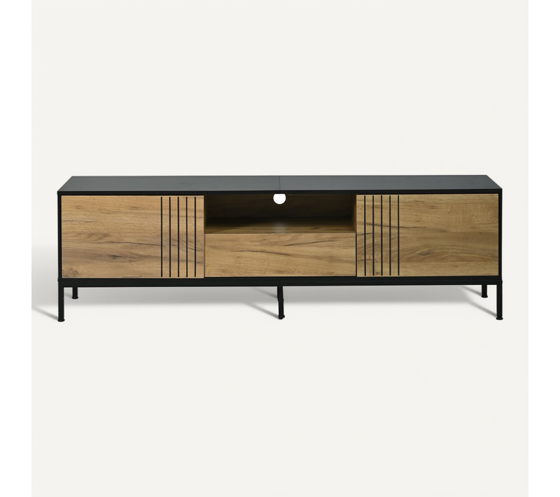 Meuble TV L.170cm Avec 2 Portes， 1 Tiroir Et 1 Niche Noir + Bois