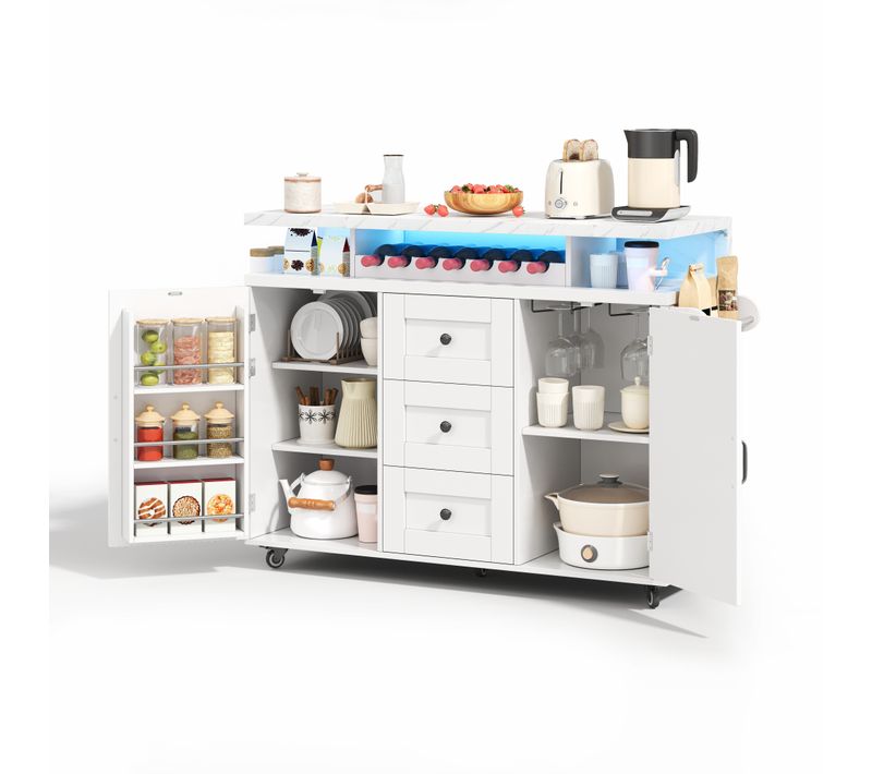 Desserte Ilot Central De Cuisine Mobile Avec LED, 2 Portes, 3 Tiroirs Et Casier à Vin Blanc
