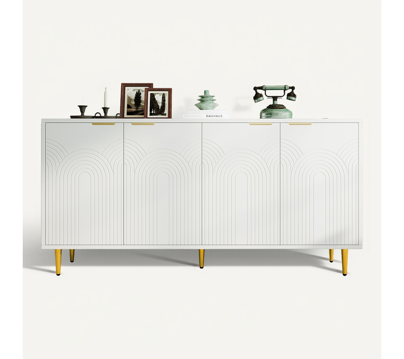 Buffet De Cuisine 160x80x40 Cm Avec 4 Portes Et Poignées Dorées, Blanc