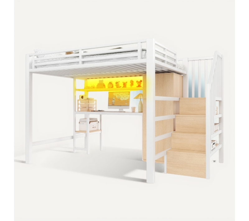 Lit 140x200cm-lit Mezzanine En Métal-avec Bureau, Étagère, Armoire-blanc