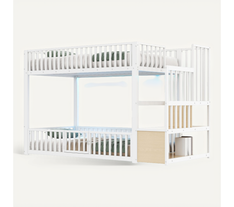 Lit 90x200 Cm-lit Mezzanine Avec Échelle De Rangement, Avec-led-blanc