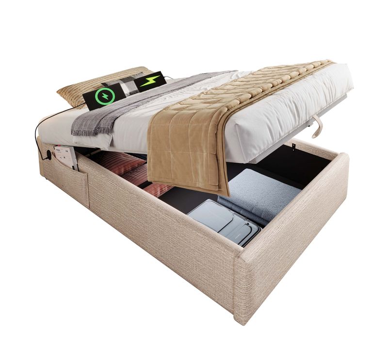 Lit Simple 90x190 Cm Lit Rembourré Avec Rangement, USB-c Et Sommier à Lattes, Beige