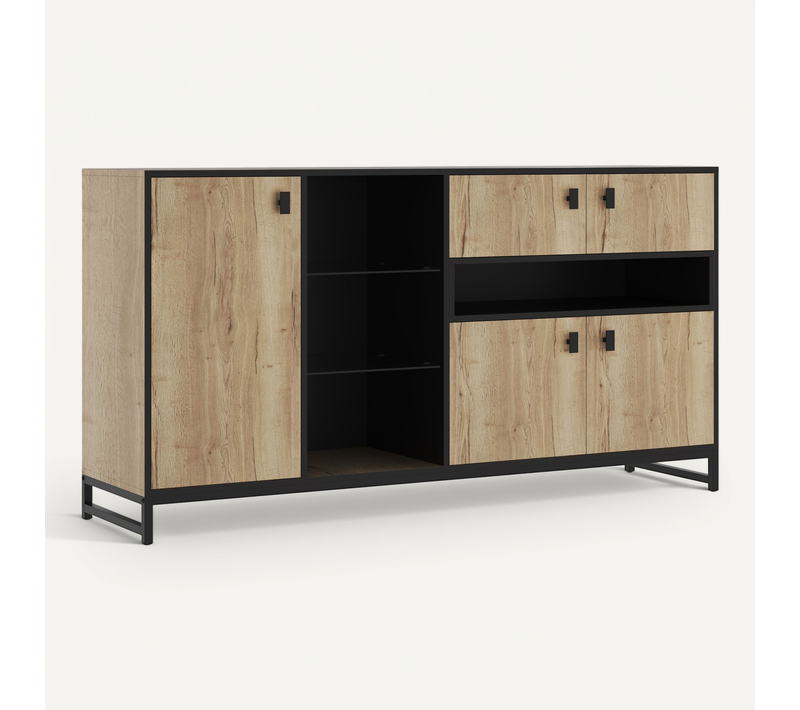 Buffet Avec 2 Portes, étagères Ouvertes, étagères En Verre, Bois