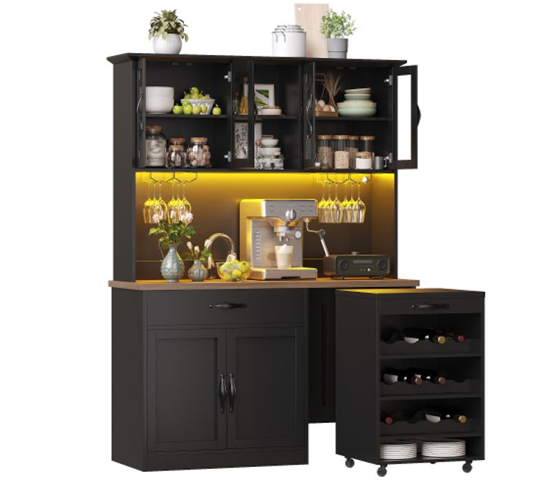 Meuble De Cuisine-avec Casier à Verres Et à Bouteilles-avec Chariot à Roulettes-led-usb-noir