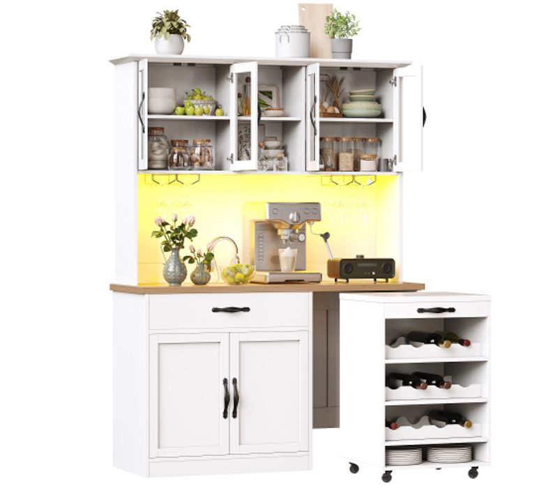Meuble De Cuisine-avec Casier à Verres Et à Bouteilles-avec Chariot à Roulettes-led-usb-blanc
