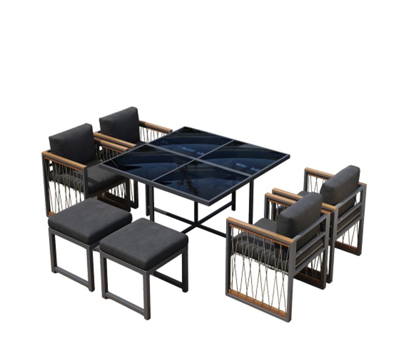 Set Jardin 7 Pièces-ensemble De Meubles De Jardin-table En Verre Trempé-noir