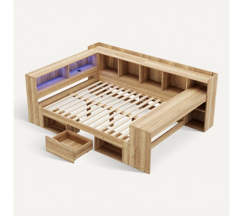 Lit Enfant-lit 140x200 LED-usb-bureau-lit De Jour-en Bois-coloris Naturel