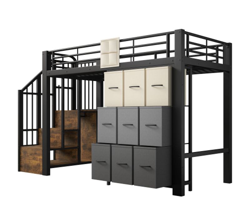 Lit 140×200 Cm-lit Mezzanine-en Métal-avec 9 Tiroirs-Noir
