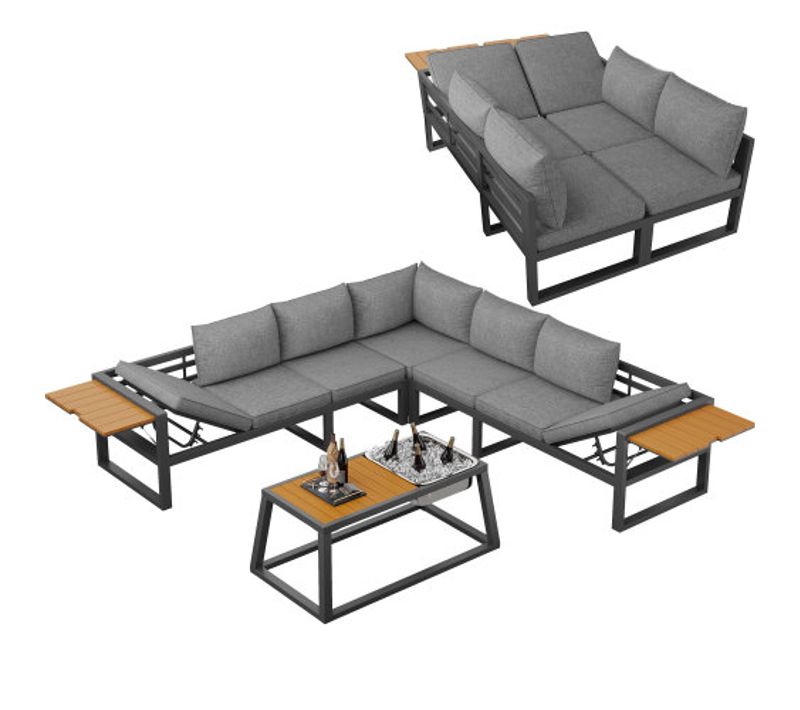 Salon De Jardin-meuble De Jardin-extérieur-en Métal-coussins De 10 Cm D'épaisseur-gris