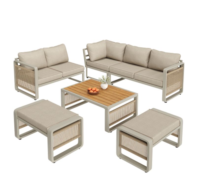 Salon De Jardin-meuble De Jardin-pour 6 à 7 Personnes-cadre Acier/composite Bois-beige