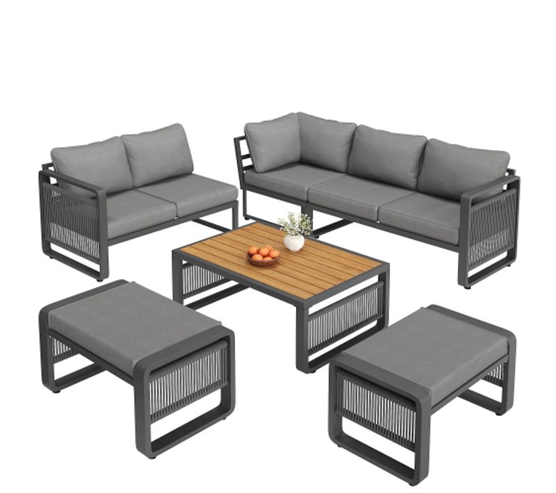 Salon De Jardin-meuble De Jardin-pour 6 à 7 Personnes-cadre Acier/composite Bois-gris