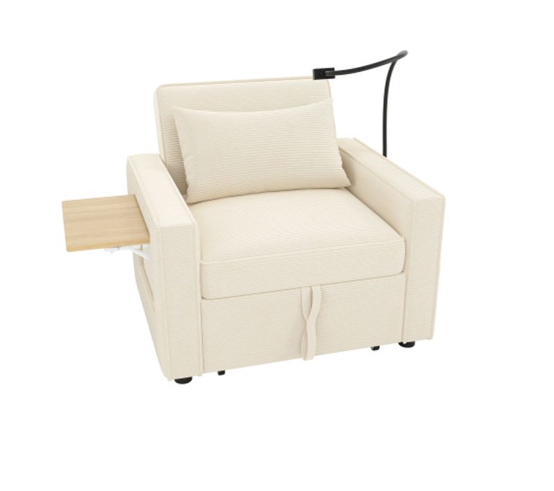 Canapé-lit Pliable-usb Et Support Pour Téléphone-1 Place Convertible-en Velours Côtelé-beige